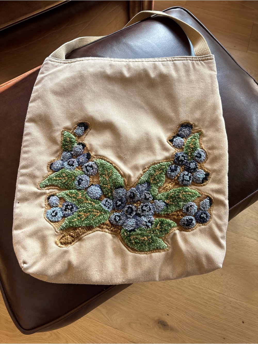 Handmade Textured Loop Pile Rug Hooking Woven Cotton Tote Shoulder Bag Blueberry